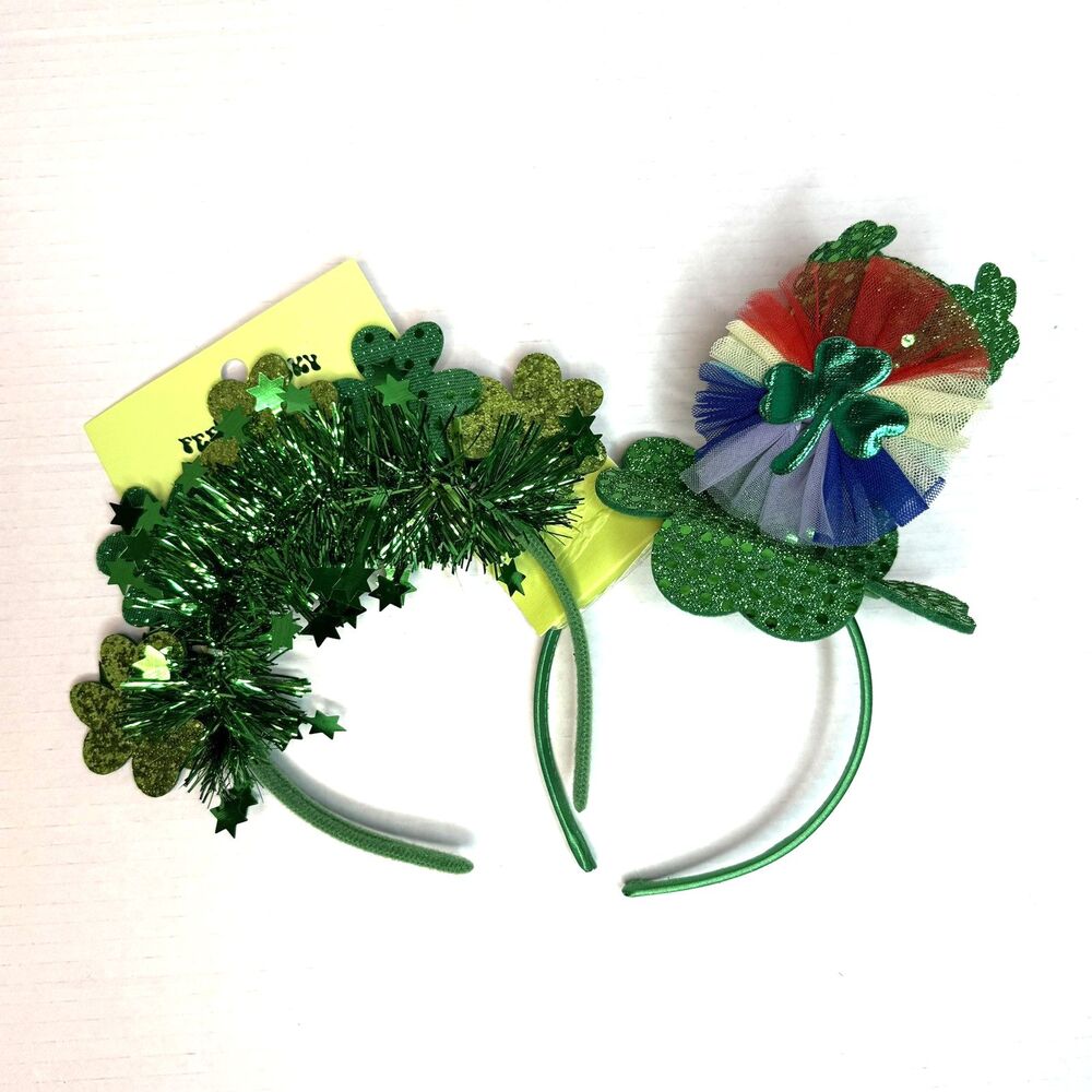 Set of 2 St Patrick's Day Shamrock & Sequin Rainbow Leprechaun Hat Headbands NEW